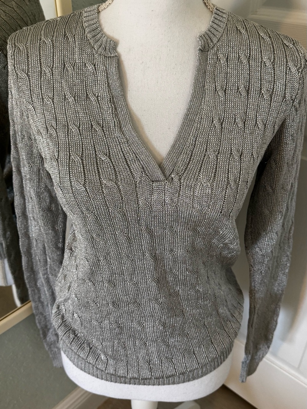 Ralph Lauren Black Label Silver Metallic Cable Knit V Neck Sweater